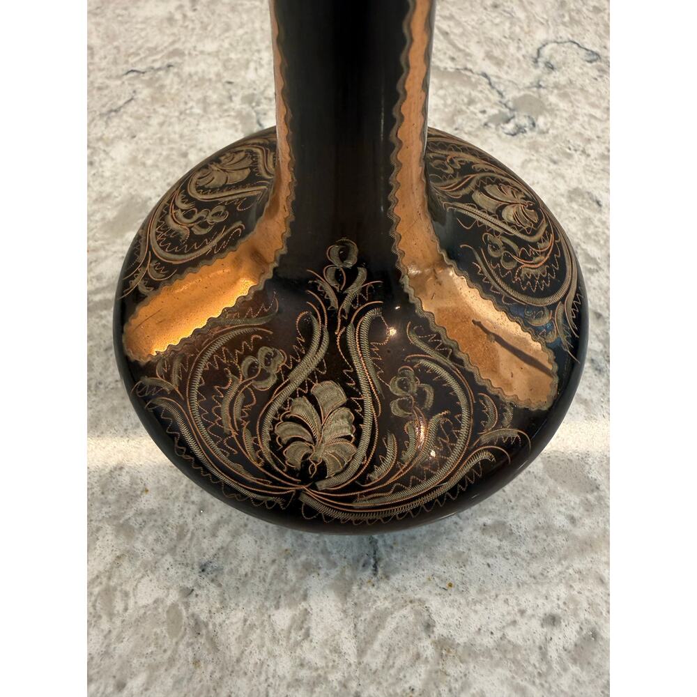 Vintage Turkish Hand Etched Copper Decorative Vase w Ring Handles JL - Picture 2 of 8
